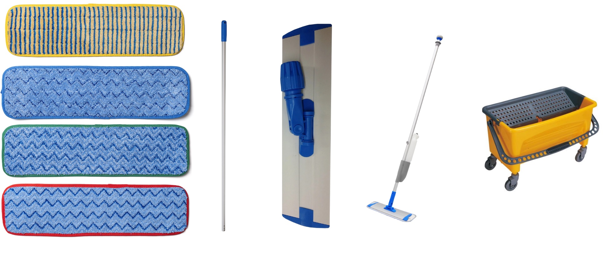 Spray mop system with flat mop head, microfiber pads and bucket